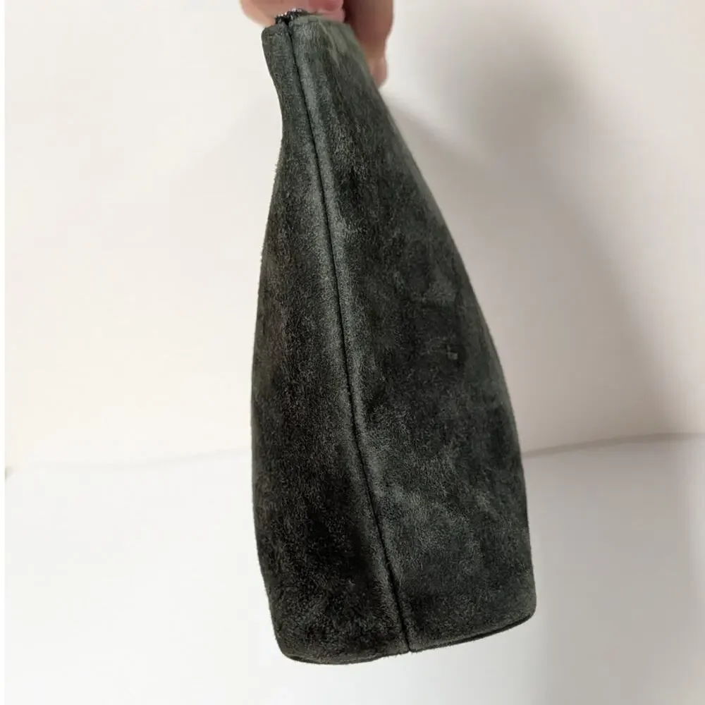 Brunello Cucinelli Green Suede Leather Pouch Cosmetic Bag Rare Womens Zipper